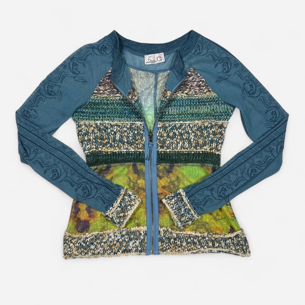 Emma G Fairy Zip Up Sweater Watercolor Print Mesh Sleeves - Picture 2 of 6